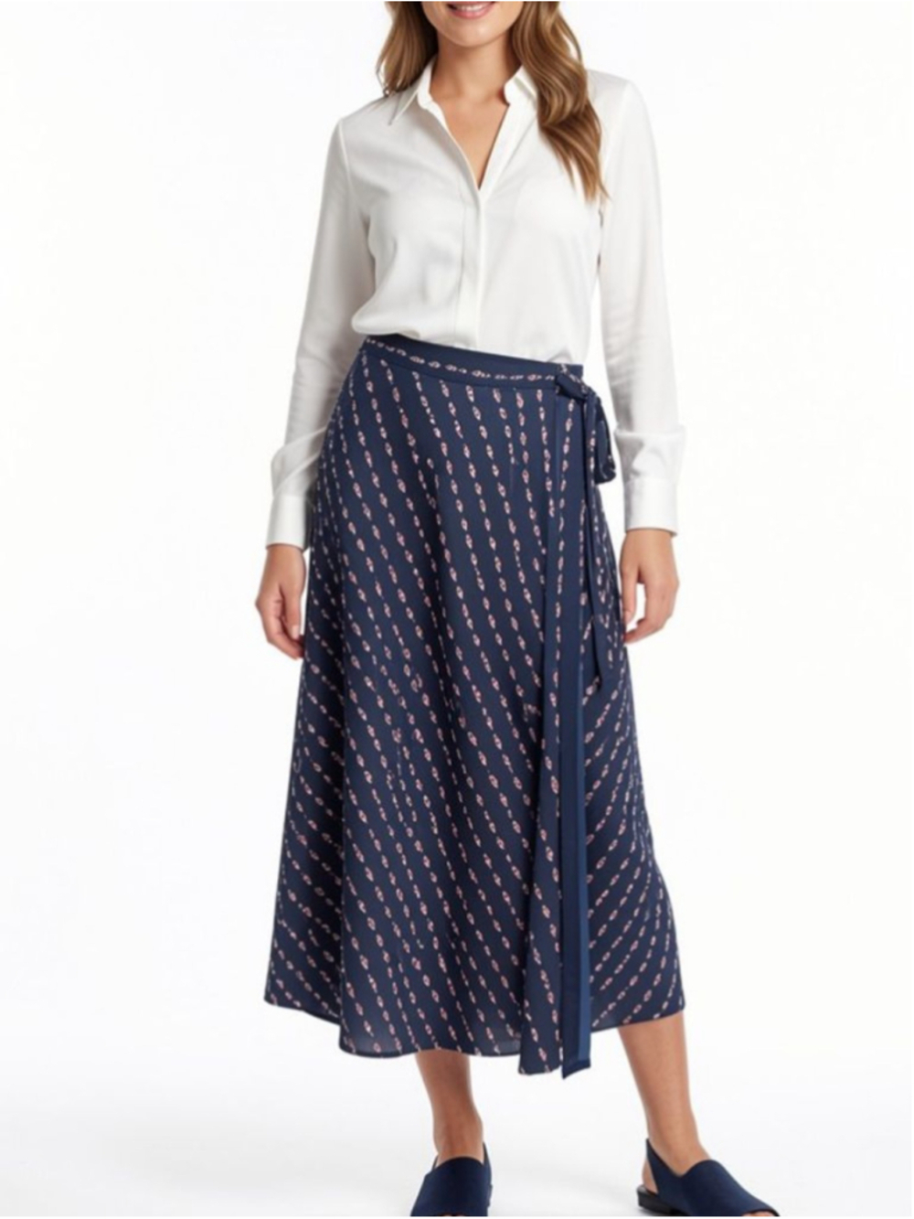 Octavia Navy Blue Leaf Print Wrap Skirt Small